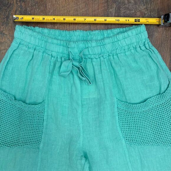 NWT Puro Lino Italy 100% Linen Turquoise Tiffany Green Pants Crochet Pockets S - Picture 5 of 7